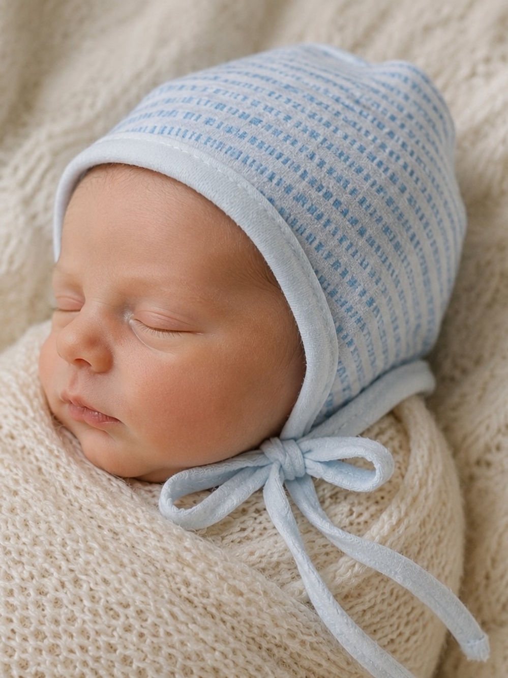 Vintage Styled By The Shepherd Light Blue Striped Baby Tie-Chin Hat Bonnet Cap